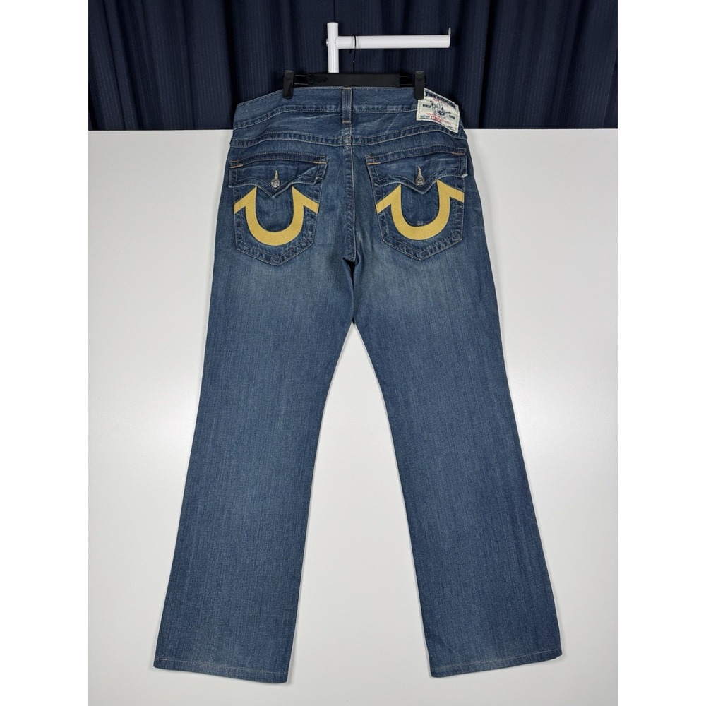 +Y2K True Religion Straight Leg Blue Jeans with Gold Embroidery Flaps - 38x32